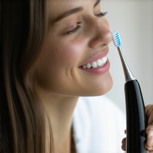 Person using electric toothbrush to clean teeth in a well-lit bathroom