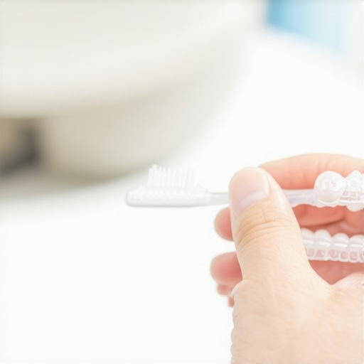 Effective interdental cleaning for braces Person using interdental brush to clean braces and wires