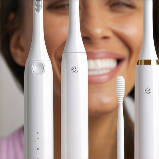 Essential Dental Maintenance Tools A set of professional dental tools and devices used for maintaining oral health, including an electric toothbrush, water flosser, and ultrasonic scaler.