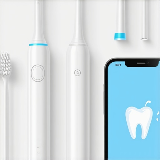 A set of high-tech dental hygiene tools including ultrasonic toothbrush, water flosser, and a smartphone showing a dental app interface.