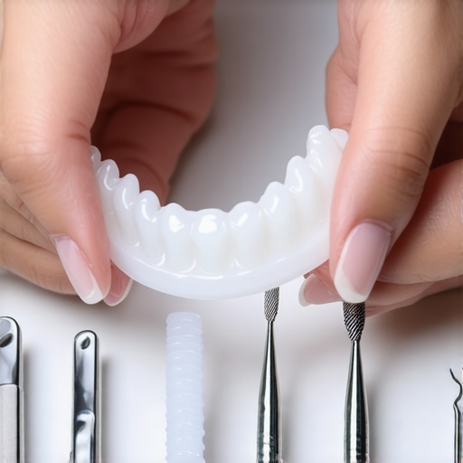 Hands carefully removing Invisalign tray with dental support tools