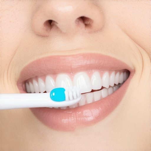 Person cleaning gums around dental bridge with soft toothbrush.
