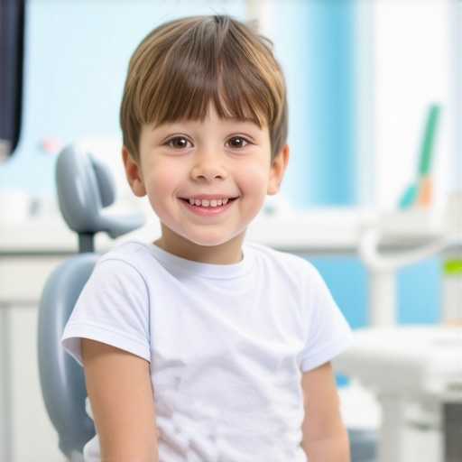 Happy Child at Dentist Office A young child sitting calmly in a dentist's chair during a check-up in a friendly clinic environment