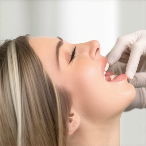 Dentist showing patients jaw relaxation exercises
