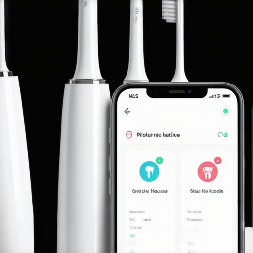 Modern dental tools for effective maintenance A set of advanced dental hygiene devices with a digital app showing oral health metrics.