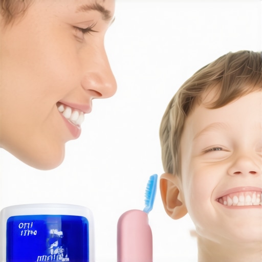 Parent and Child Brushing Teeth A parent and child brushing teeth together to promote good oral hygiene.