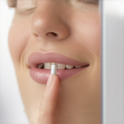 Performing a dental implant stability test at home Person checking their dental implant's stability with a tapping test in front of a mirror
