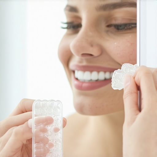 Proper Invisalign Tray Placement Person carefully inserting Invisalign trays in front of a mirror demonstrating correct technique