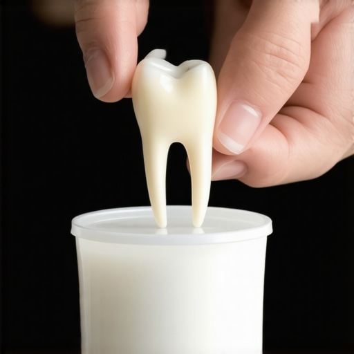 Person holding a knocked-out tooth over milk to illustrate correct storage during dental emergencies.