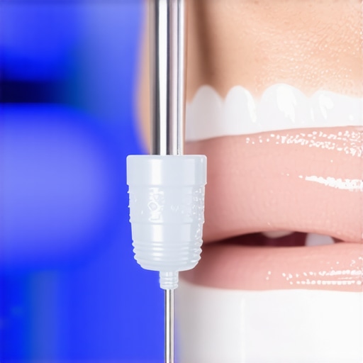 Using Ultrasonic Cleaner for Invisalign Maintenance A hand holding an ultrasonic dental cleaning device near clear aligners on a countertop.