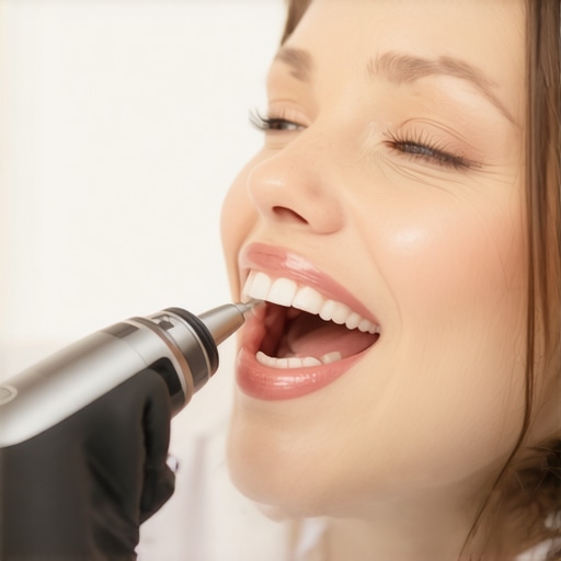 Using Ultrasonic Dental Tools for Better Oral Health Person utilizing ultrasonic scaler at home for maintenance