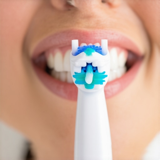 Person brushing teeth with electric sonic toothbrush in bright bathroom