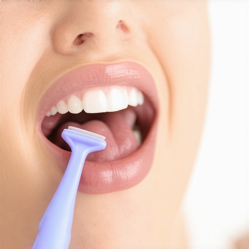 Person cleaning tongue with scraper in bathroom mirror