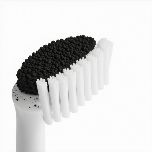 A close-up view of charcoal toothpaste on a brush illustrating the potential for enamel damage.