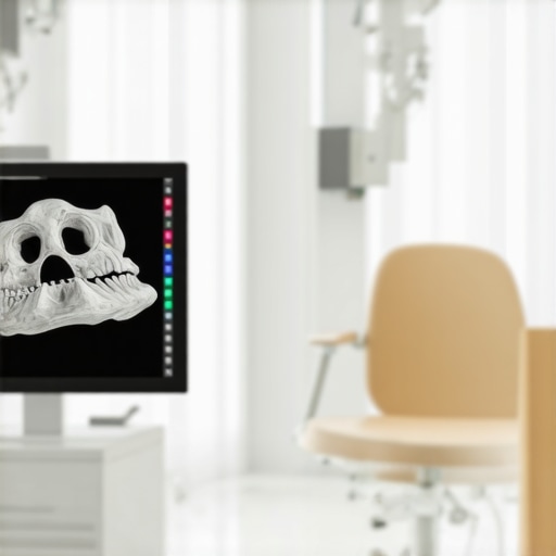 A digital 3D CBCT scan of a jaw joint used to diagnose TMJ issues and facial muscle fatigue.
