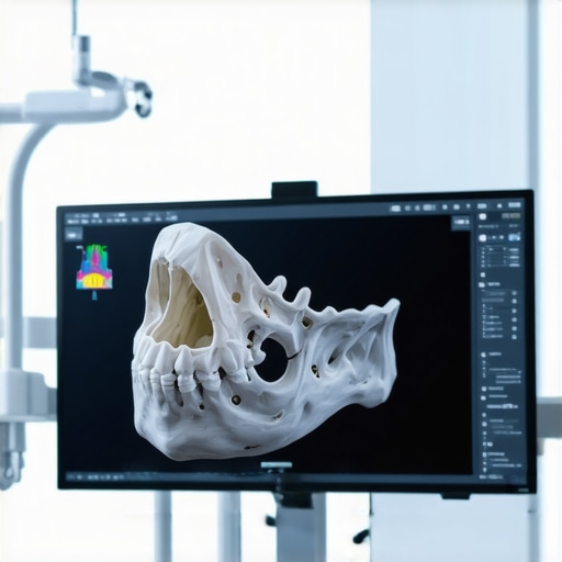 A 3D CBCT scan showing the integration of a dental implant in the jawbone on a dentist's monitor.