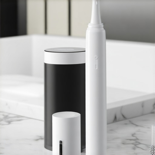 Advanced At-Home Dental Maintenance Tools A collection of modern dental tools including an ultrasonic cleaner and electric toothbrush on a vanity.