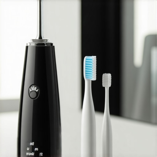 Specialized plastic-coated interdental brushes and water flosser on a bathroom counter