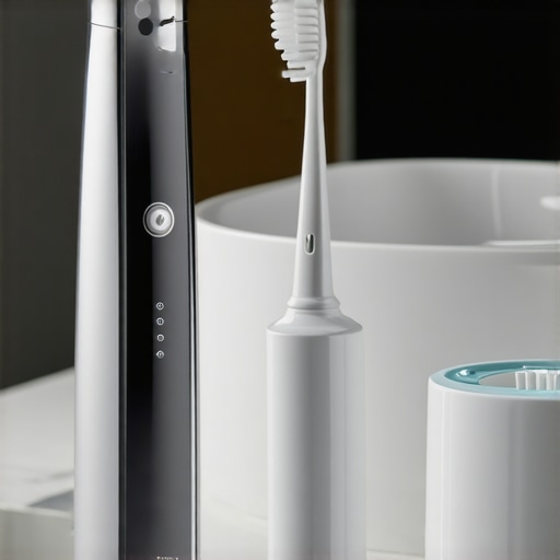 A collection of modern dental tools like a water flosser and ultrasonic cleaner on a bathroom counter.