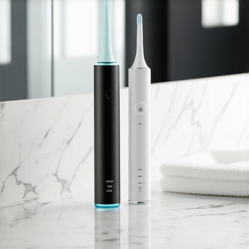 Advanced Dental Maintenance Tools Electric toothbrush and water flosser on a bathroom counter