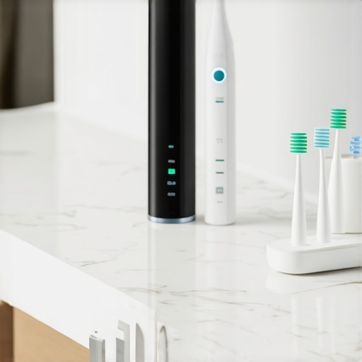 A collection of modern dental care tools including a sonic toothbrush and ultrasonic cleaner on a marble counter.