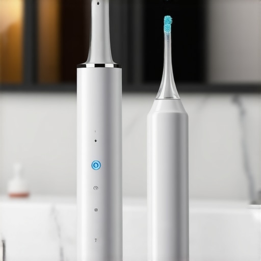 Modern electric toothbrush and water flosser on a bathroom counter representing high-tech oral hygiene maintenance.