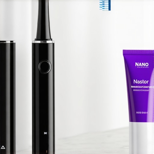 Advanced Home Dental Care Tools An ultrasonic toothbrush and water flosser on a bathroom counter representing advanced home dental maintenance