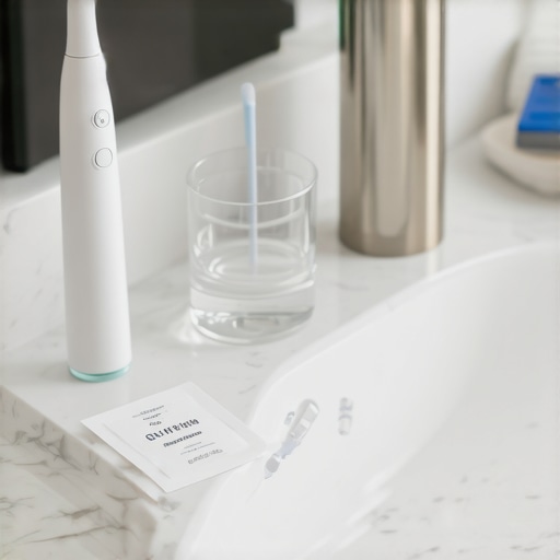 High-tech toothbrush and water flosser on a bathroom counter for oral health maintenance.