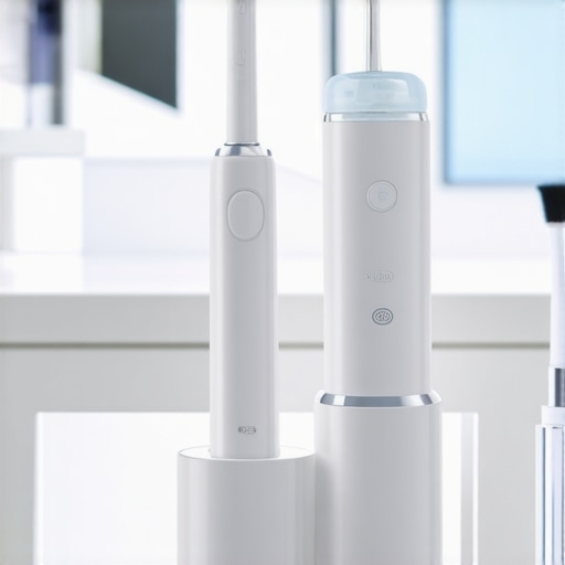 Advanced Home Dental Maintenance Tools Ultrasonic cleaner and modern dental tools on a bathroom counter