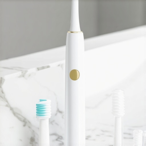 Advanced Oral Care Tools for Maintenance Ultrasonic cleaner and electric toothbrush on a marble counter for dental maintenance.