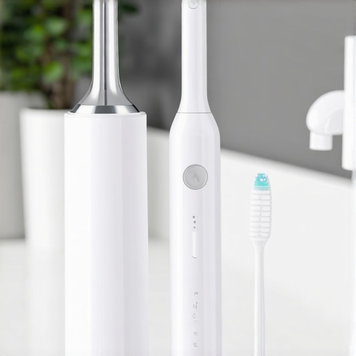 A high-quality water flosser and sonic toothbrush on a clean bathroom counter.