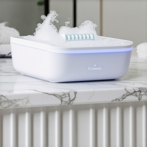 A high-tech ultrasonic pod cleaning clear aligners on a bathroom vanity