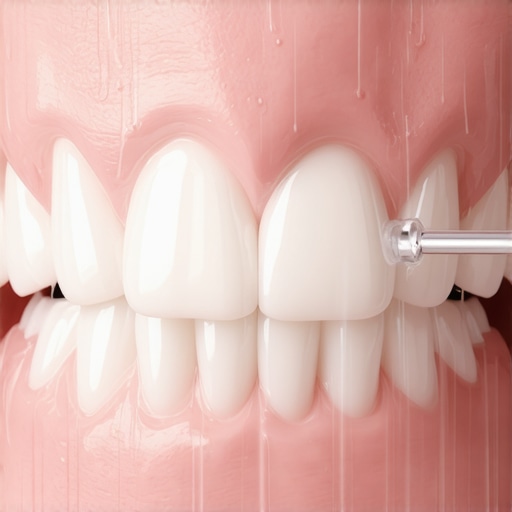 Advanced Water Flossing for Deep Oral Cleaning Close-up of a water flosser removing bacteria between teeth to cure bad breath