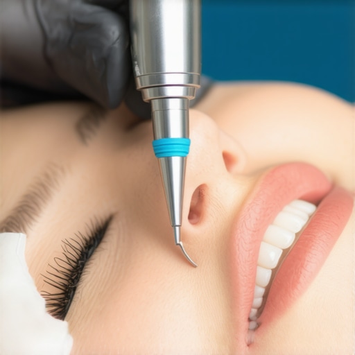 Advanced ultrasonic teeth cleaning for sensitive gums A professional dentist using an ultrasonic scaler to provide a painless cleaning for a patient with sensitive teeth.