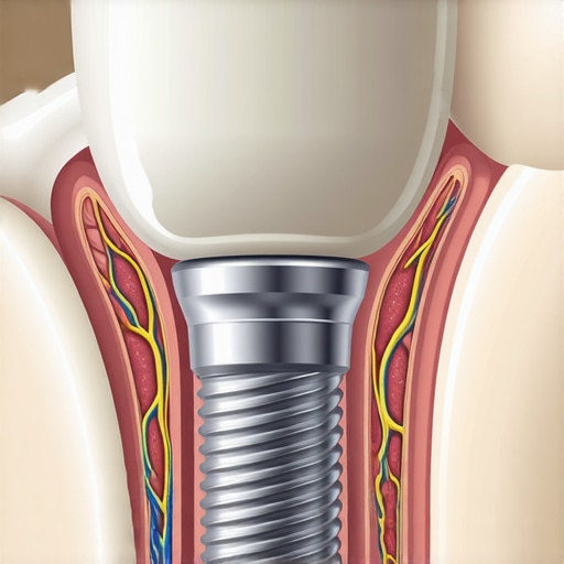 Anatomy of a Dental Implant in the Jawbone Diagram showing a titanium dental implant post integrated with human jawbone and surrounding tissues.