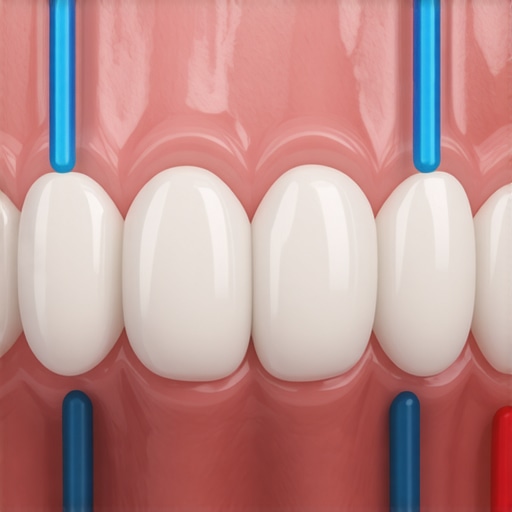 Macro view of blue and red bite marks on teeth to check filling height.