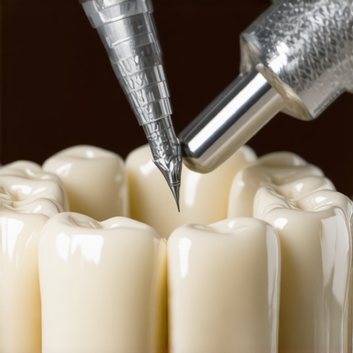 A dentist manually carving realistic texture into a porcelain crown to mimic natural tooth enamel.