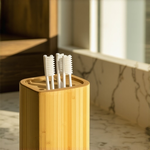 A bamboo toothbrush case with ventilation holes on a hotel counter.