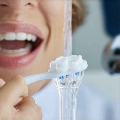 Brushing Clear Dental Aligners Safely A person brushing clear plastic aligners with a soft toothbrush under lukewarm running tap water.