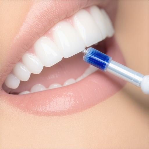 Dentist using blue articulating paper to check for high spots on a new dental crown.