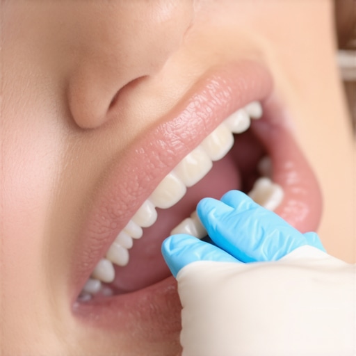 Dentist using blue paper to find high spots on a new tooth filling
