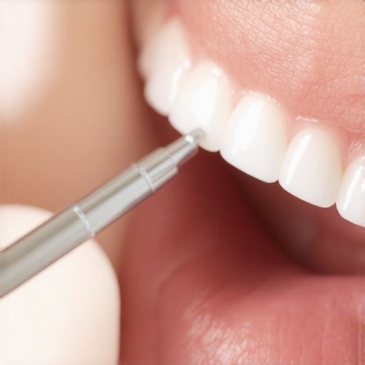 Close-up of a dentist inspecting the seal of a porcelain veneer to prevent breath odors.