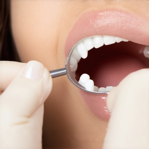 Checking veneer margins with a flashlight A person inspecting their porcelain veneers for gaps or movement using a flashlight and mirror.