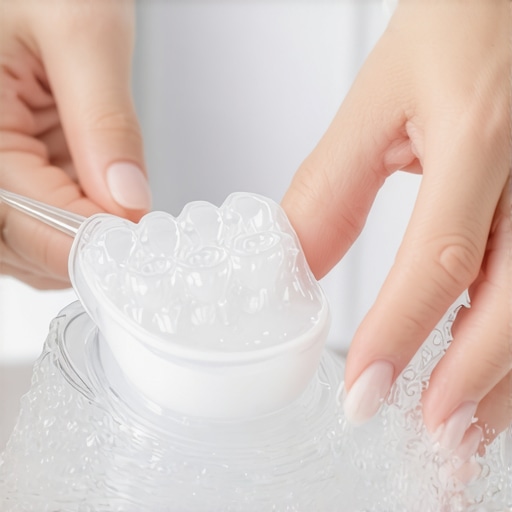 Close up of cleaning clear dental aligners to prevent makeup staining.