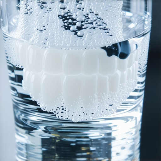 Cleaning Invisalign trays with a soaking solution A clear dental aligner soaking in water with a cleaning tablet to remove odors.