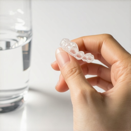 A clear Invisalign tray being held by a patient, illustrating the intersection of orthodontic treatment and oral health management during illness.