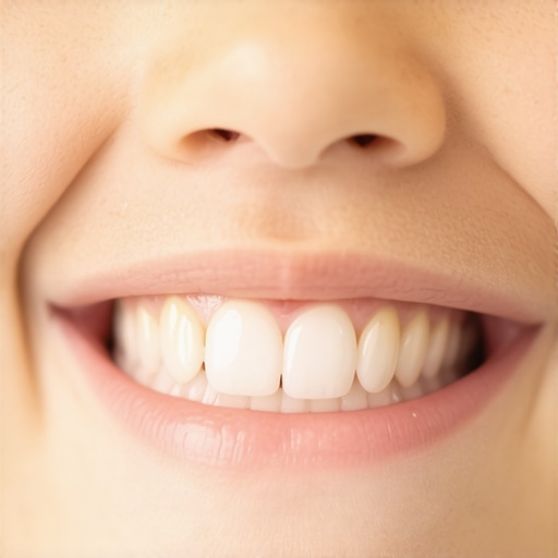 Close-up of a child's mouth showing the natural color and texture difference between primary and adult teeth.