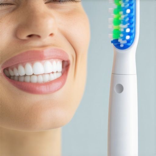 Close up of electric toothbrush held at the correct angle against gums