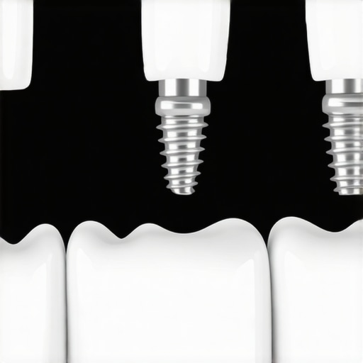 Close-up of a water flosser cleaning the base of a dental implant crown.