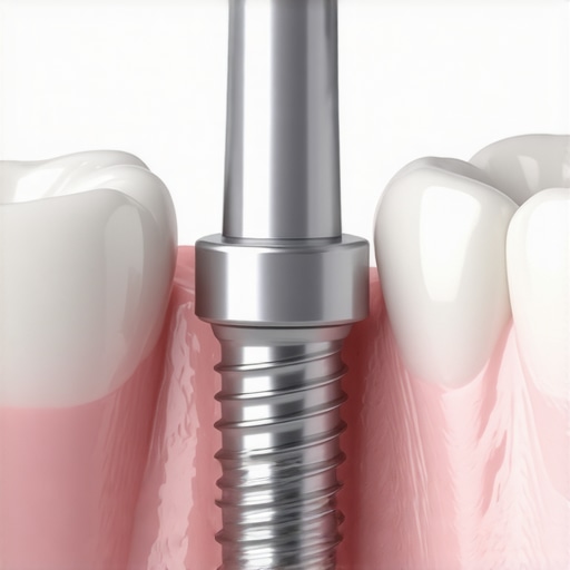 Dental Implant Healing Cap Close-up A silver dental healing cap on a patient's gumline